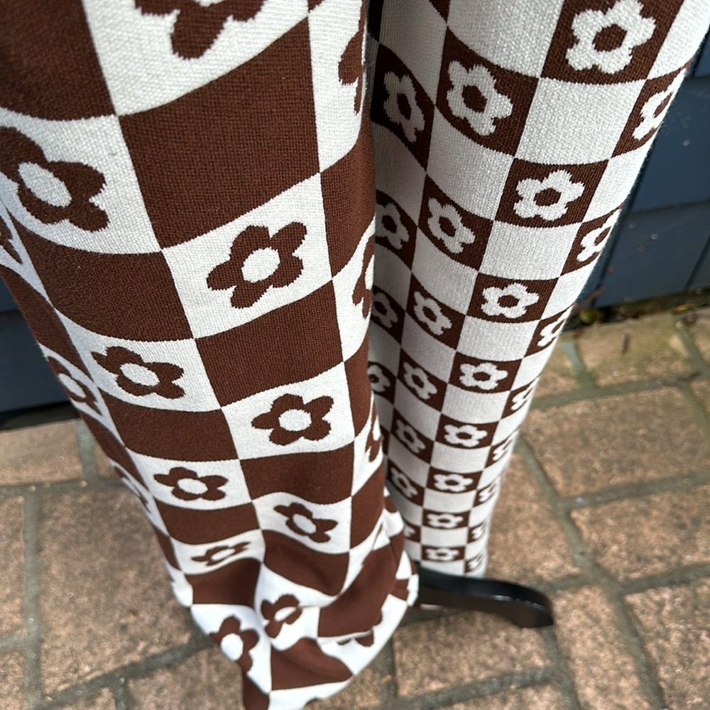 VGUC Brown/White Two-Toned Floral & Checkered Wide Leg Stretch Pants Women’s Lg - Picture 9 of 10